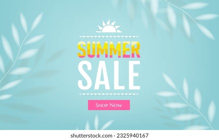 Sale Banner With Palm Tree Leaves Frame Blue Background With Gradient Mesh, Vector Illustration