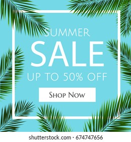 Banner De Venta Con Palmeras, Ilustración Vectora 