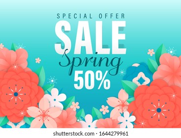 Sale banner with paper cut flower and cherry blossoms background. origami vector illustration. spring summer abstract geometric background. exotic floral design for banner, invitation, web site.