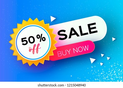 Sale Banner in paper cut style. Origami discount tag, special offer, buy now. Graphic eleme on blue. Dinamic shapes. Space for text. Vector