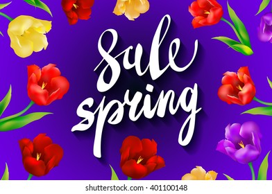 Sale banner with paper flowers and gold frame. Spring Sale and Special Offer. Big Sale. Up to 50% off. Vector illustration. art