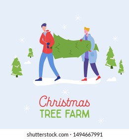 Sale banner of people carrying, buying Christmas trees and celebrating winter holidays. Men, women characters, family do shopping for New Year celebration Design template poster. Vector illustration