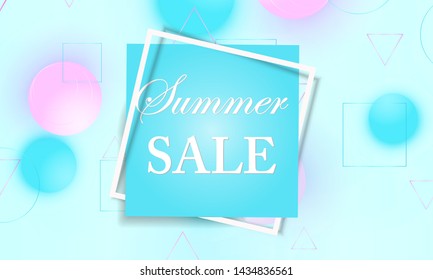 Sale banner. Pink and blue colors background. 3d geometric shapes. Fluid pattern. Vector.