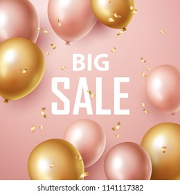  Sale banner with pink and gold floating balloons. Vector illustration.