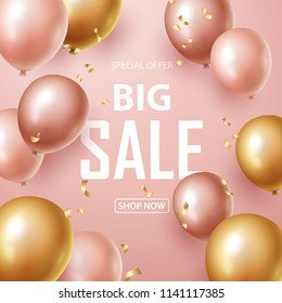  Sale banner with pink and gold floating balloons. Vector illustration.