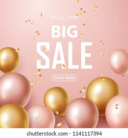  Sale banner with pink and gold floating balloons. Vector illustration.