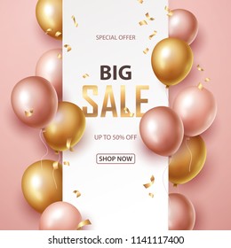  Sale banner with pink and gold floating balloons. Vector illustration.