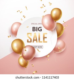  Sale banner with pink and gold floating balloons. Vector illustration.