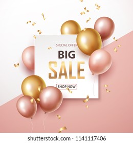  Sale banner with pink and gold floating balloons. Vector illustration.