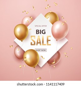  Sale Banner With Pink And Gold Floating Balloons. Vector Illustration.