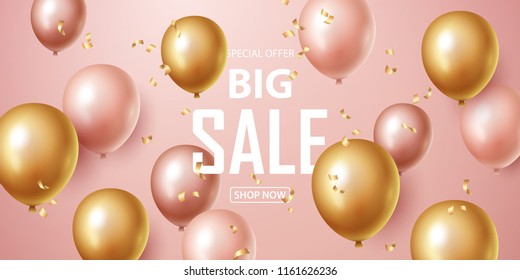 Sale banner with pink and gold floating balloons. Vector illustration.