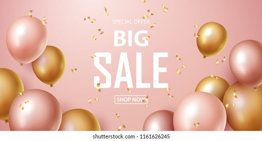 Sale Banner With Pink And Gold Floating Balloons. Vector Illustration.