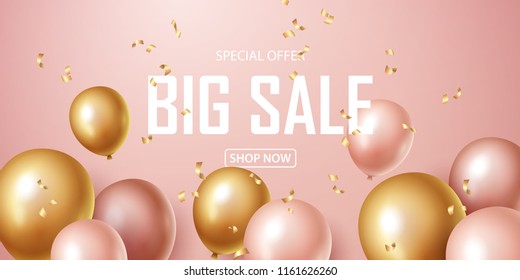 Sale Banner With Pink And Gold Floating Balloons. Vector Illustration.