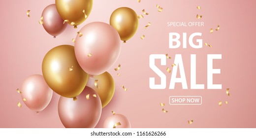 Sale banner with pink and gold floating balloons. Vector illustration.