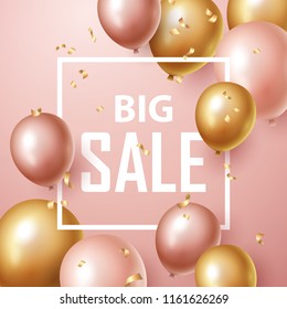 Sale banner with pink and gold floating balloons. Vector illustration.