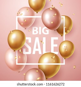 Sale banner with pink and gold floating balloons. Vector illustration.