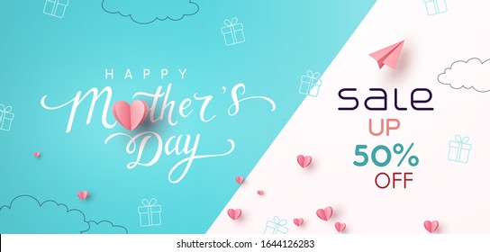 Sale banner with pink paper hearts. Special offer poster background. Vector Mother's Day sale discount promotion.
