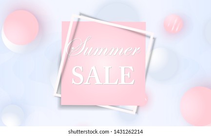 Sale banner. Pink and white colors. Fluid pattern. 3d geometric shapes. Vector.