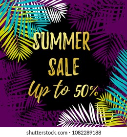 Sale banner. Place for text. Tropical leaves background. Summer design.