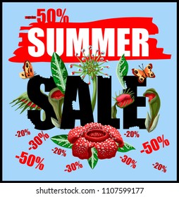 Sale banner with plant predators flowers such as Venus flycatcher, sundew and  slogan.