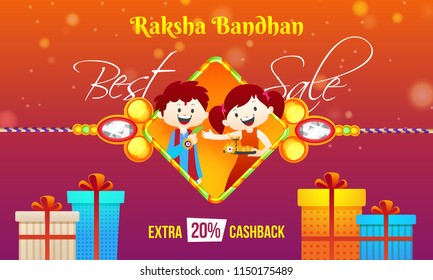 Sale banner or poster design, Extra 20% Cashback offer with gift boxes, illustration of happy brother and sister character celebrating Raksha bandhan festival on rakhi ( wristband).