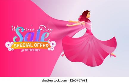 Sale banner or poster design with illustration of beautiful girl on glossy background for Happy Women's Day celebration concept.