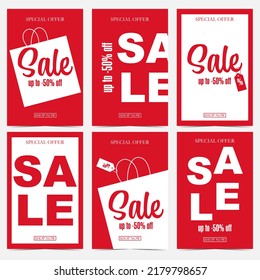 Sale banner or poster design template in red and white colours. Vector illustration for weekend or holiday discount, shopping season, promo and advertisement leaflet or flyer, social media marketing.