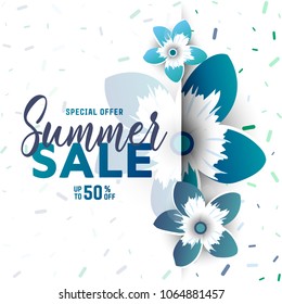 Sale banner, poster with flowers and handwriting lettering. Tropical summer background. Vector illustration EPS10