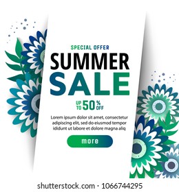 Sale banner, poster with flowers and handwriting lettering. Tropical summer background. Vector illustration EPS10