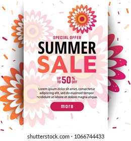 Sale banner, poster with flowers and handwriting lettering. Tropical summer background. Vector illustration EPS10