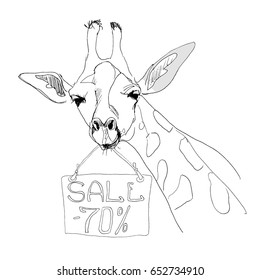 Sale banner or poster with a giraffe. Art hand painted. Vector illustration