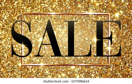 Sale banner poster with golden glitter shining background, shopping discount advertising, flyer, marketing and selling, vector illustration