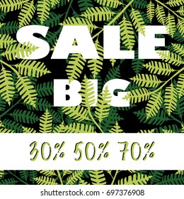 Sale banner, poster with leaves, jungle leaf. Beautiful vector floral tropical summer background