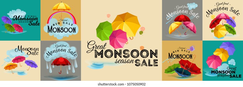 Sale banner, poster for Monsoon season raining drops, colorful umbrella in sky with text space background, wet weather template special offer Vector illustration.