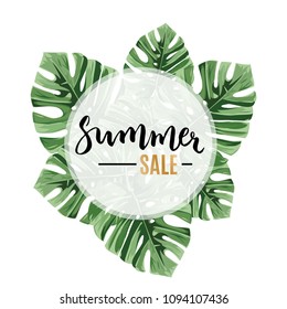 Sale banner, poster with monstera leaves leaf and handwriting lettering. Floral tropical summer background. 