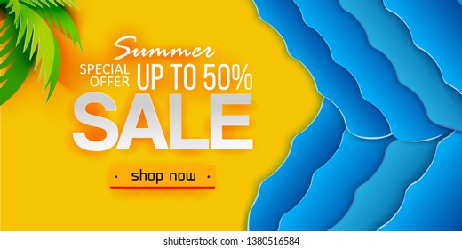Sale banner, poster with palm, jungle leaf and sea waves. Touristic offer tropical summer discount. Vector illustration. Paper art cut out style