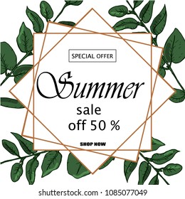 Sale banner, poster with palm leaves, jungle leaf and handwriting lettering. Floral tropical summer background.