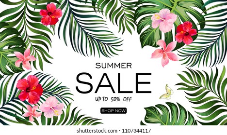 Sale banner, poster with palm leaves, hibiscus and lily flowers. Summer discount background. Vector illustration.