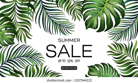 Sale banner, poster with palm leaves, hibiscus and lily flowers. Summer discount background. Vector illustration.