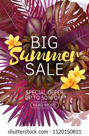 Sale banner, poster with palm leaves, jungle leaf and handwriting lettering. Floral tropical summer background. Vector illustration EPS10. Tendy colors at summer 2018