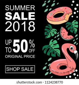 Sale banner, poster with palm leaves, jungle leaf and handwriting lettering. Floral tropical summer background.