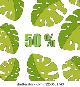 Sale banner, poster with palm leaves, jungle leaf. Floral tropical summer background. Vector illustration EPS10