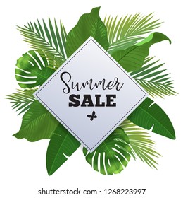 Sale banner, poster with palm leaves, jungle leaf and handwriting lettering. Floral tropical summer background.