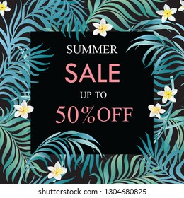 Sale banner, poster with palm leaves, hibiscus and lily flowers. Summer discount background. Vector illustration