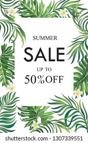 Sale banner, poster with palm leaves, hibiscus and lily flowers. Summer discount background. Vector illustration - Vector