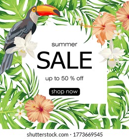 Sale banner, poster with palm leaves, hibiscus and lily flowers. Summer discount background. Vector illustration.