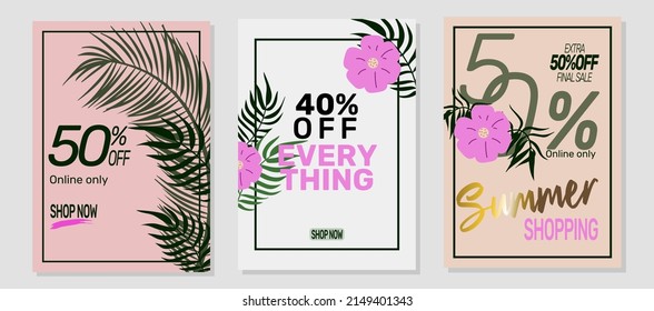 Sale banner, poster with palm leaves, jungle leaf and handwriting lettering. Floral tropical summer background. Vector illustration EPS10