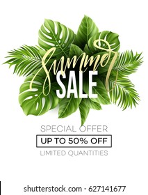 Sale Banner, Poster With Palm Leaves, Jungle Leaf And Handwriting Lettering. Floral Tropical Summer Background. Vector Illustration EPS10