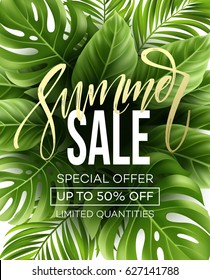 Sale banner, poster with palm leaves, jungle leaf and handwriting lettering. Floral tropical summer background. Vector illustration EPS10