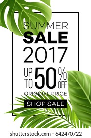 Sale banner, poster with palm leaves, jungle leaf and handwriting lettering. Floral tropical summer background. Vector illustration EPS10